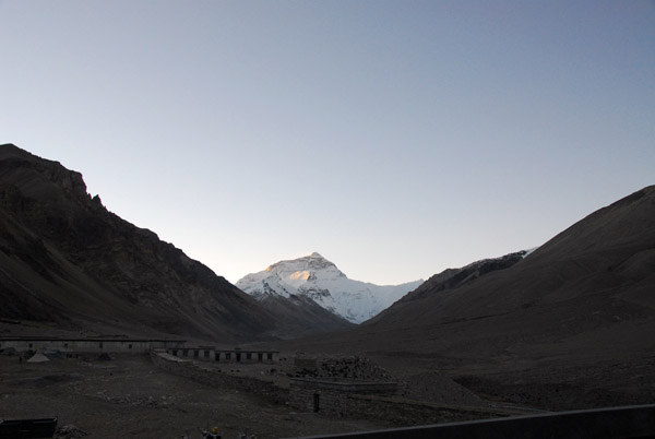 Mt Everest catching the morning's first light with the valley at Rongphu in shadow