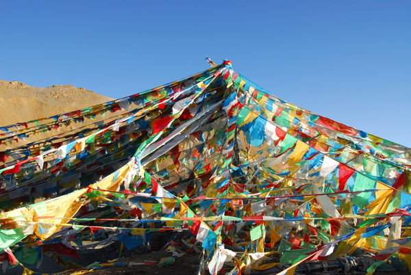 Prayer flags marking the summit of Pang-la Pass 5120m (16,797 ft)