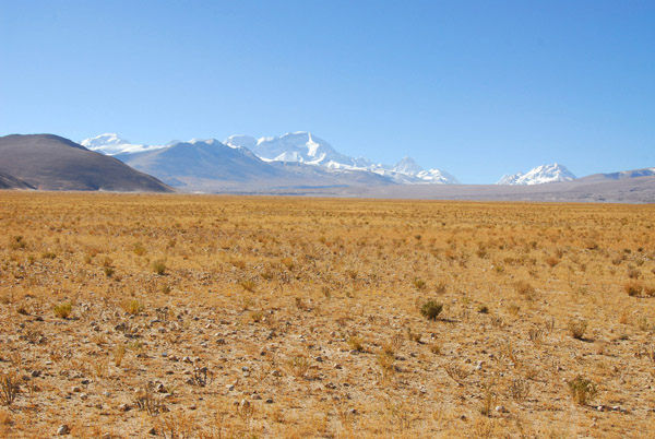 Looking south across the vast plain at Old Tingri to Cho Oyu and the high Himalaya