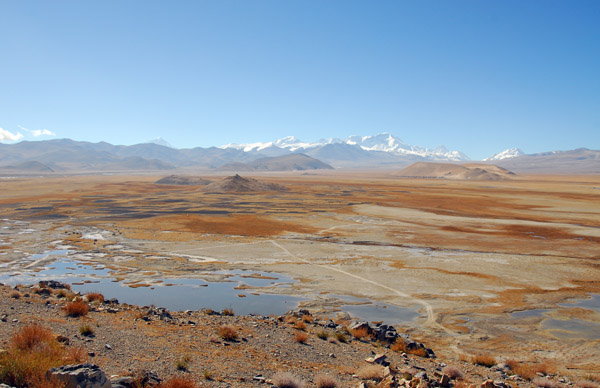 View to the southeast of Old Tingri with Mt Everest and Cho Oyu