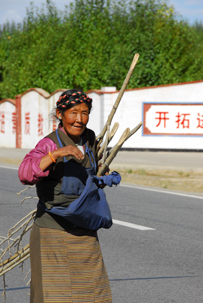 Tibetan woman collecting firewood along the road, Gangshung