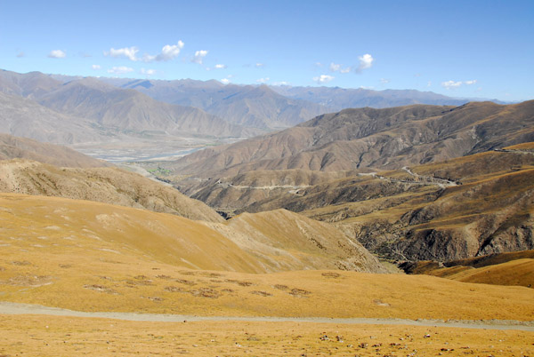 View from the summit of Gampa-la Pass back to the Yarlung Tsangpo valley far below