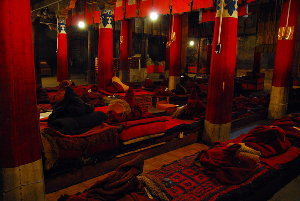 Assemby Hall (Dukhang) with 48 columns and rows of benches for the monks with heavy blankets to keep them warm