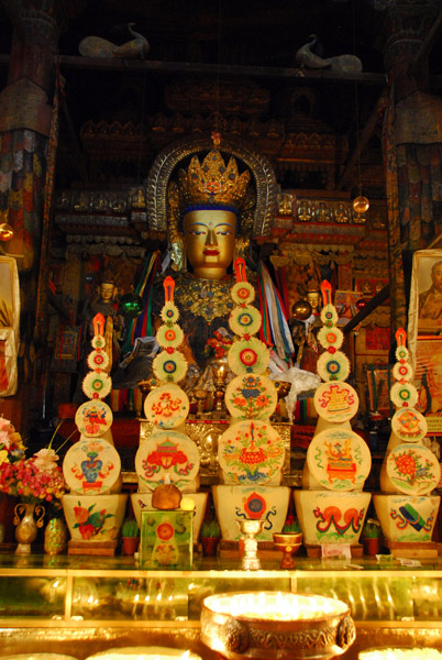 Yak butter sculptures in front of the Future Buddha