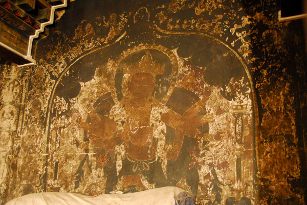 Ancient murals around the walls of the Dukhang (main assembly hall) of Pelkor Chöde Monastery