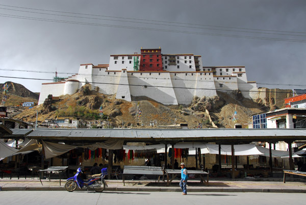 Shigatse Dzong rising behind the tourist market