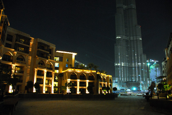 The Palace Hotel at night with Burj Dubai