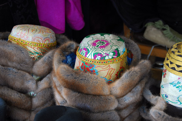 Fur lined Tibetan hats for sale in the main market