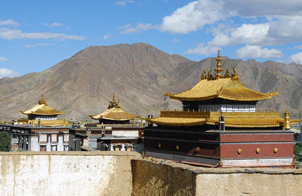 Gilded roofs of the Tombs of the Panchen Lamas (10th, 4th, 5-9th from right to left)