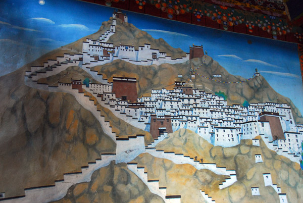 Mural showing Shegar Dzong and the Shegar Chde Monastery before its destruction