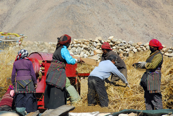 Villagers at Milarepa's Cave processing the harvest