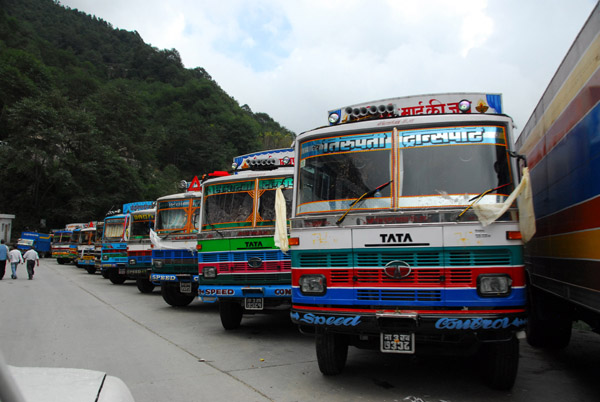 Trucks from Nepal clog up Zhangmu's narrow main street