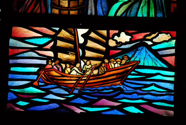 Chinese junk on stained glass panel, Manila Cathedral