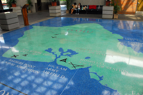 Map of Oahu on the floor of Honolulu International Airport