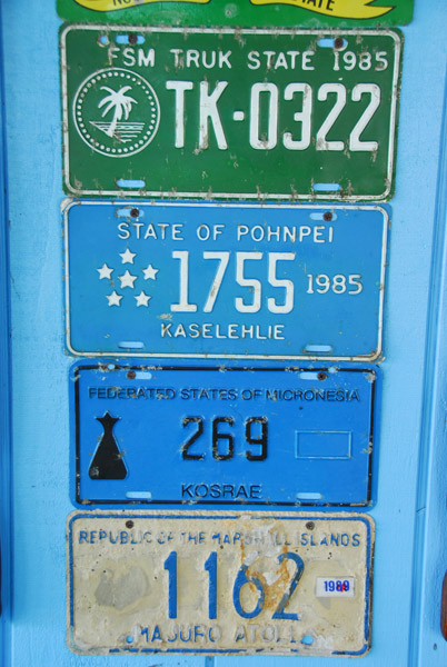 Old license plates from Truk, Pohnpei, Kosrae and Majuro Atoll