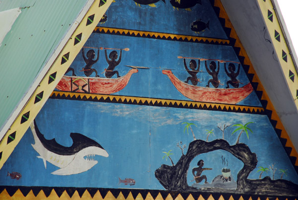 Scene of canoes and a shark, Koror