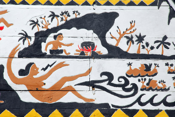 The goddess MiIadeldid giving birth to the four principle villages of Palau: Koror Aimeliik, Ngeremlengui, and Melekeok