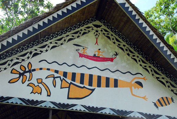 Painted storyboard of one of the thatched pavilions at Jungle River Boat Cruises bai
