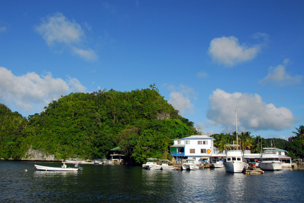 The cove and marina at Sams Tours, northwest Malakal Island