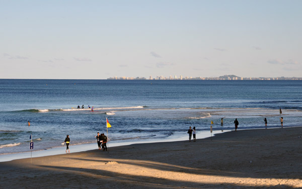 The beach at Surfers Paradise with Coolangata in the distance marking the end of the Gold Coast