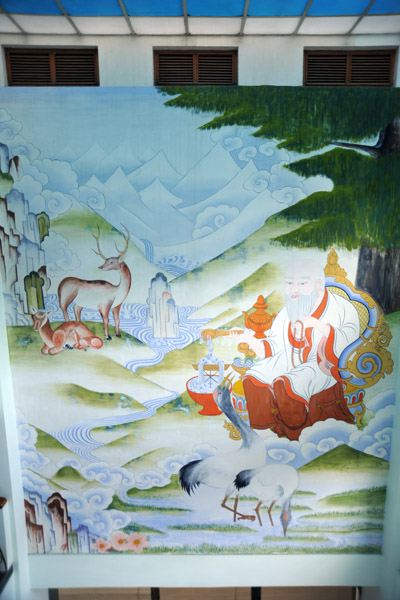Mural of Tshering Namdrug - the six types of Long Life (old man, deer, stork, rock, waterfall, tree)