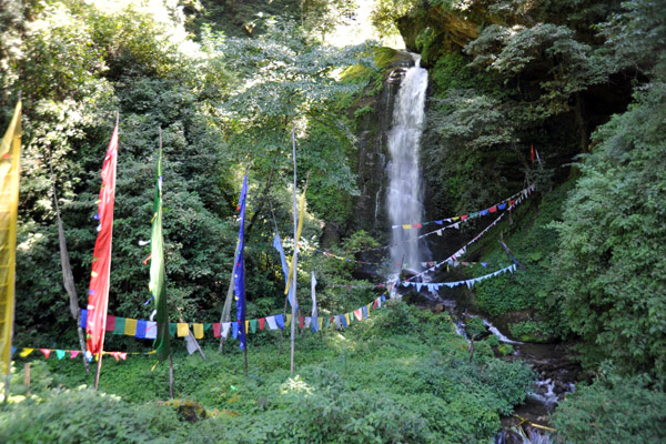 Prayer flags leading to the Shiv Mandir Shrine at a waterfall between Bunakha and Lobnekha, Bhutan