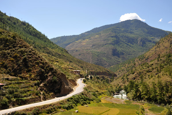 The road to Thimphu passing some terraced fields