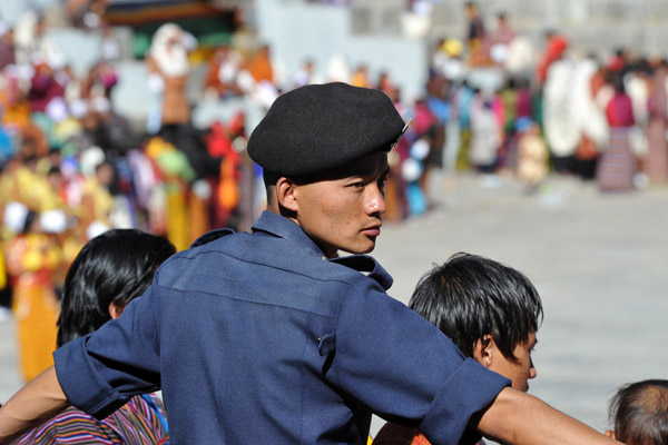 A Bhutanese policeman, exempted from the requirement to wear a gho