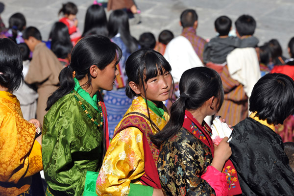 Line of Bhutanese women at for the blessing, Tsechu Festival