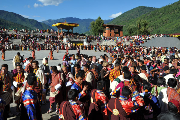 Wide view of the grounds of the Tsechu Festival of Thimphu on the north side of Trashi Chhoe Dzong