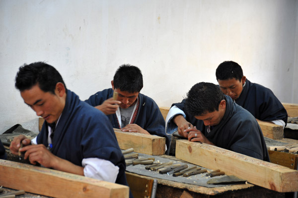 Apprentice woodcarvers at work, National Institute for Zorig Chusum