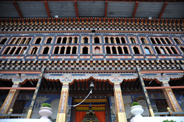 Temple faade with intricate woodwork, Thimphu Dzong