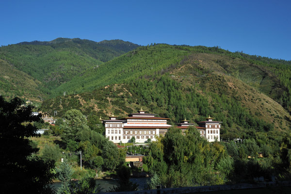 The National Assembly of Bhutan seen across the Wang Chhu Valley from Trashi Chhoe Dzong, Thimphu