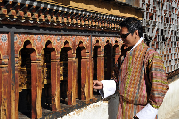 Dennis spinning the prayer wheels, Changangkha Lhakhang