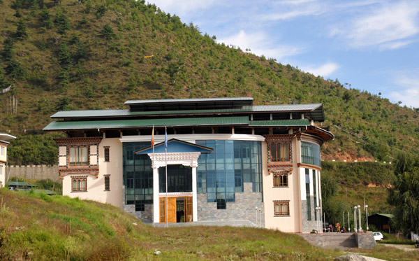 A building in Thimphu mixing traditional and modern elements