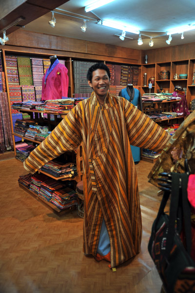 Shopping for the traditional men's robes of Bhutan