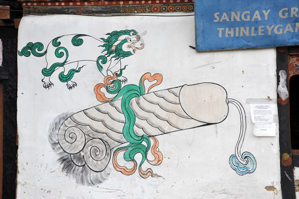 Bhutanese phallus mural with snow lion, Thimphu