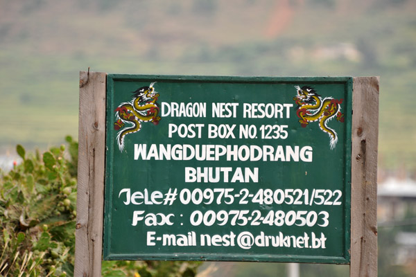 Sign for Dragon Nest Resort, Wangdue Phodrang