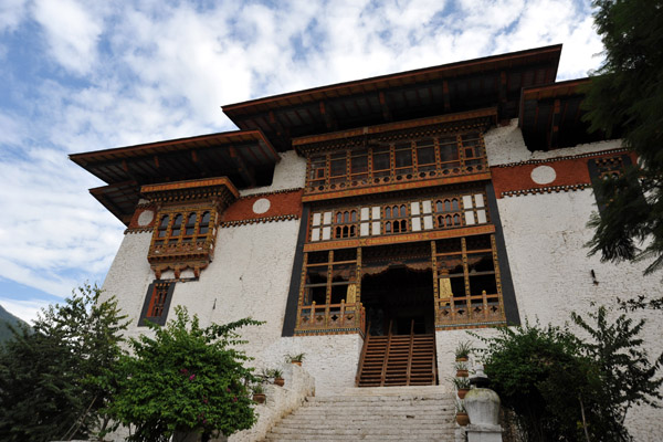 The main entrance to Punakha Dzong on the north side of the fortress near the bridge