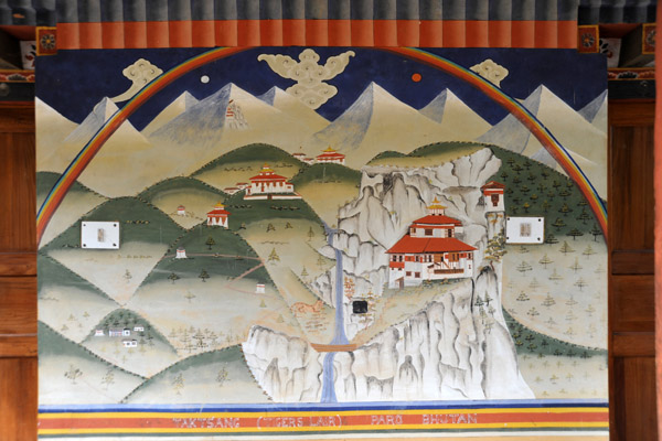 Wall Mural of Takstang (Tigers Lair), the famous temple near Paro we will visit later in the trip