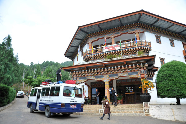 The bus of a larger group at the Zangto Pelri Hotel, Punakha