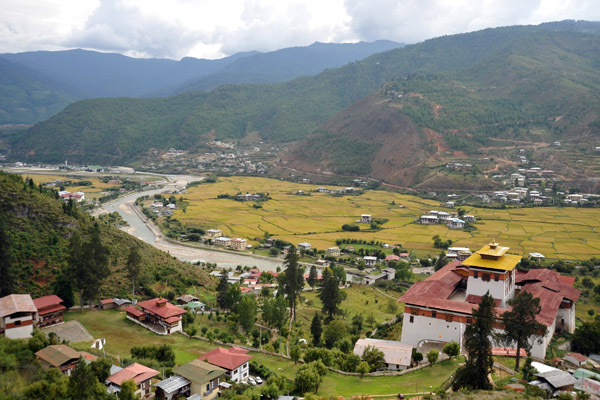 View of the Paro Valley with Rinpung Dzong and the Paro Airport