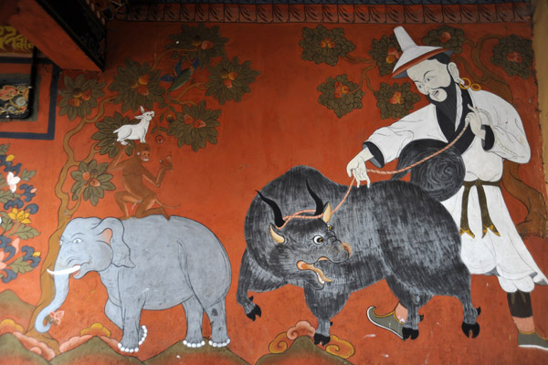 Mural - Bull on a rope, Paro Dzong