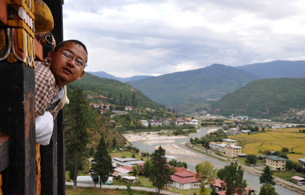 Tandin Dorji hanging out of Paro Dzong