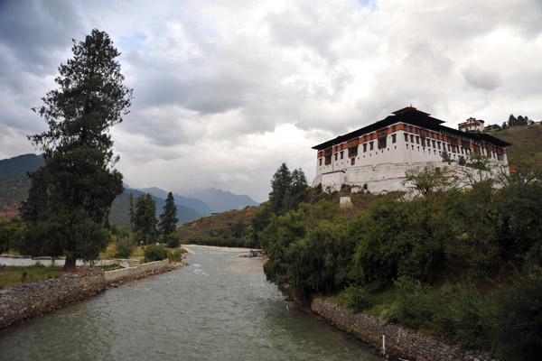 View of Rinpung Dzong from the old Cantilevered Bridge