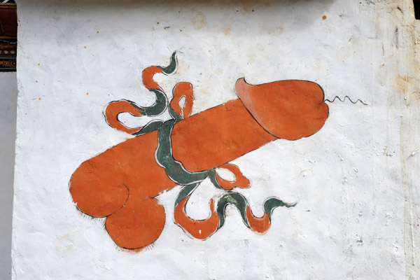 Traditional Bhutanese wall paintings - a large erect penis, Paro