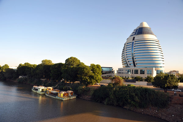 Burj Al-Fateh Hotel seen from the new Tuti Island Suspension Bridge over the Blue Nile