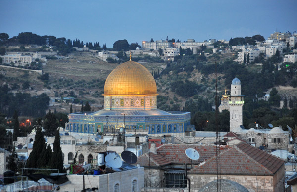 Evening view of the Dome of the Rock with the Mount of Olives from the Lutheran Guest House, Jerusalem