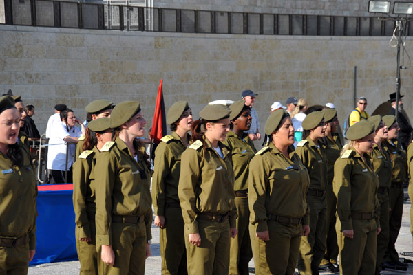 Female Israeli soldiers participating in a military ceremony at the Western Wall