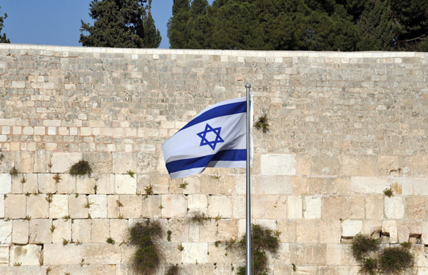 Israeli flag in front of the Western Wall